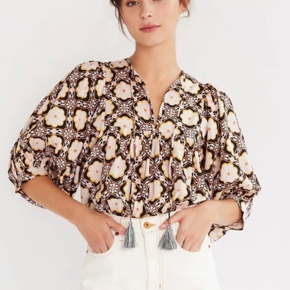 NWOT Mille Thalia Top Merida Print Balloon Sleeve Tassel Cotton Blouse XL - Picture 1 of 9